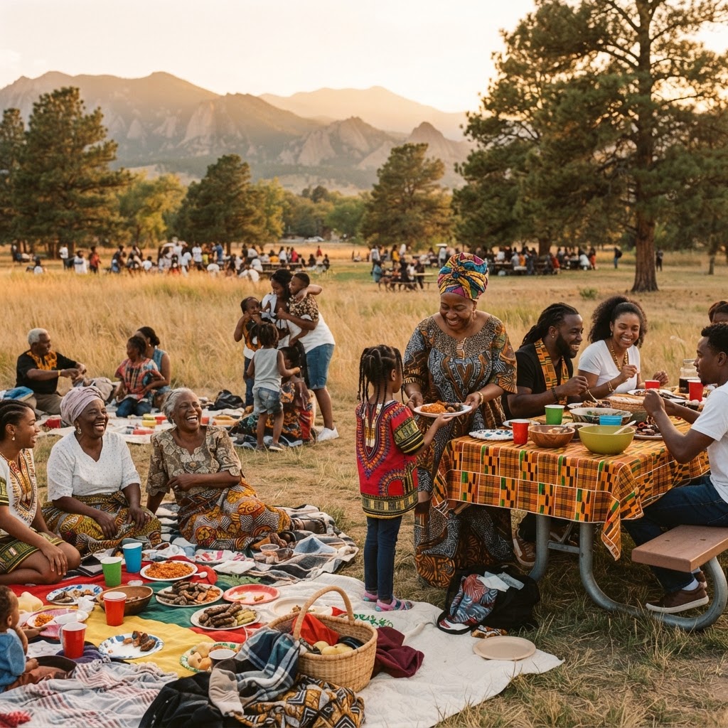 Ewe Association families sharing a community picnic at a Colorado park at golden hour